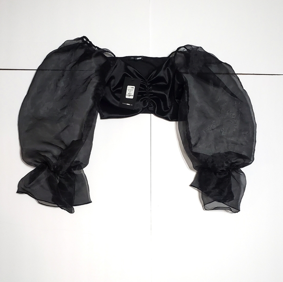 FASHION BLACK SATIN SHEER PUFF SLEEVE TOP..SIZE S - Picture 2 of 7